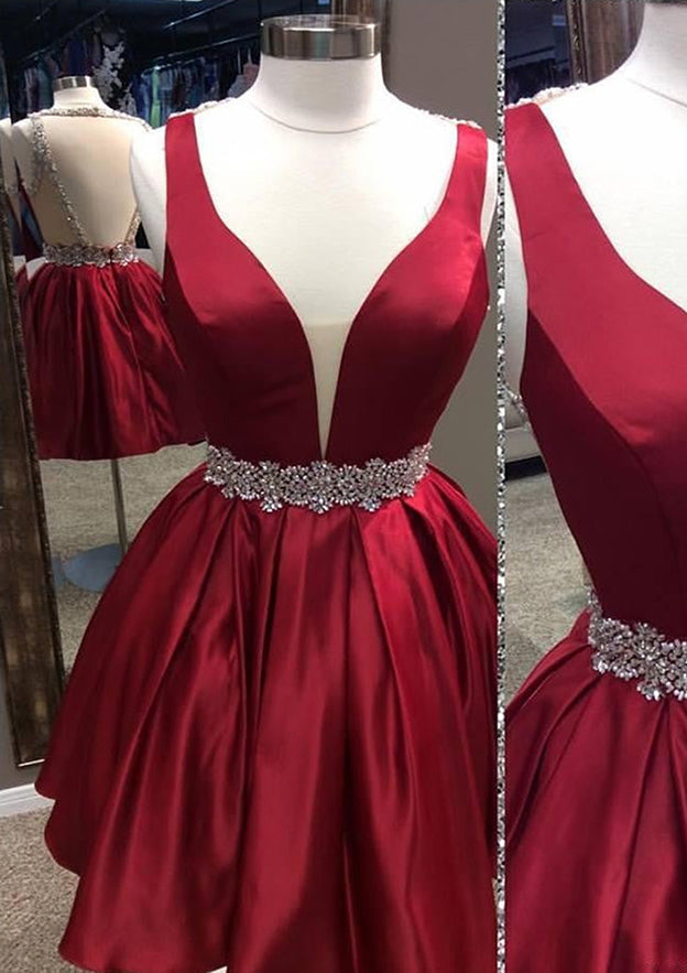 A-line V Neck Sleeveless Satin Short/Mini Homecoming Dress With Beading Bandage