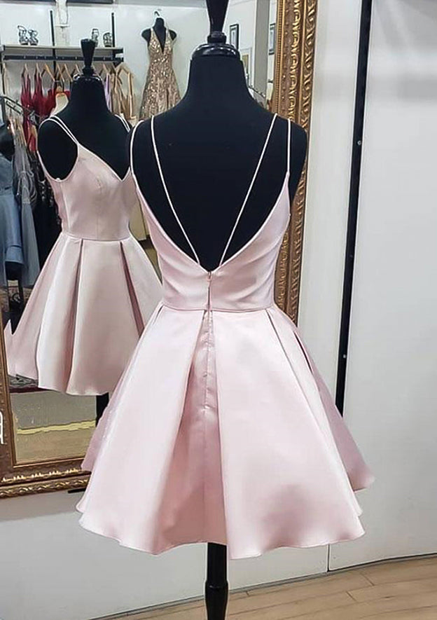 A-line V Neck Sleeveless Satin Short/Mini Homecoming Dress with Ruffles