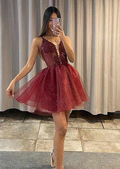 A-line V Neck Sleeveless Short/Mini Tulle Homecoming Dress with Appliqued Sequins
