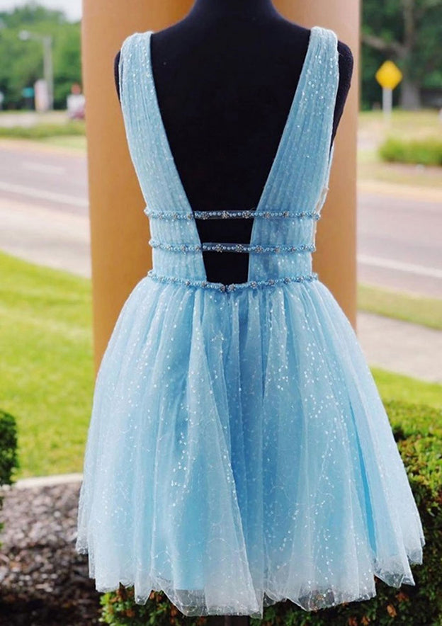 A-line V Neck Sleeveless Tulle Dress With Beading Glitter for Homecoming