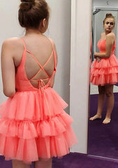 A-line V Neck Sleeveless Tulle Homecoming Dress with Pleated Ruffles