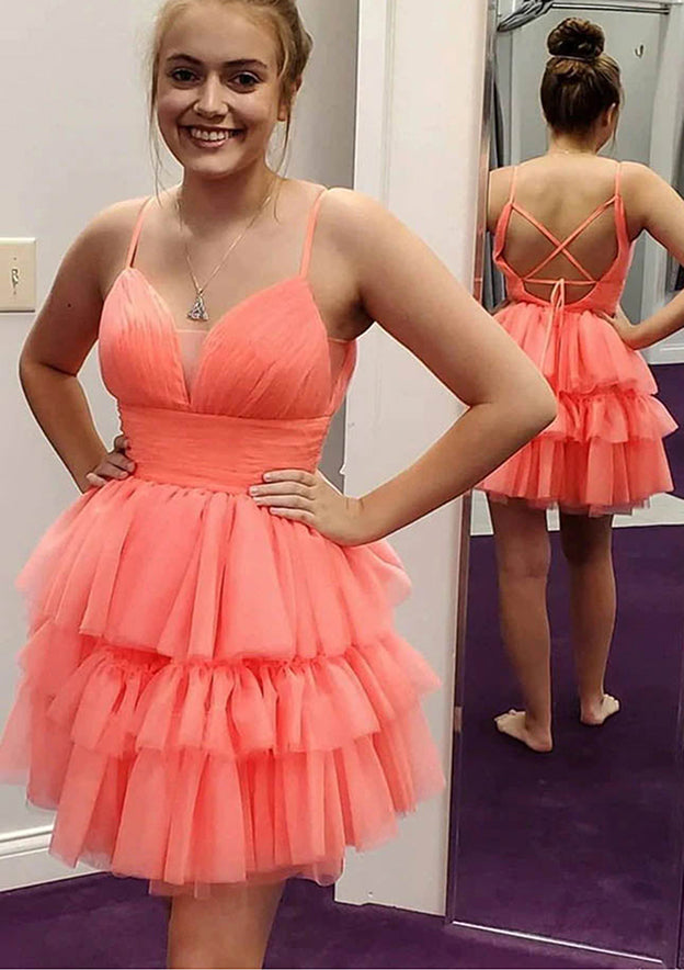 A-line V Neck Sleeveless Tulle Homecoming Dress with Pleated Ruffles