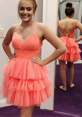 A-line V Neck Sleeveless Tulle Homecoming Dress with Pleated Ruffles