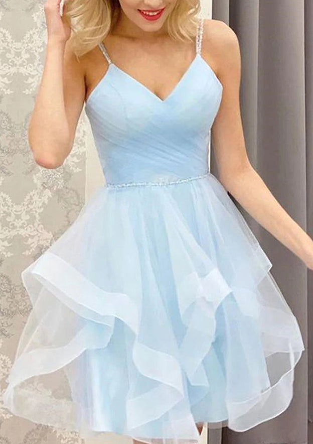 A-line V Neck Sleeveless Tulle Short/Mini Homecoming Dress With Beading & Pleats
