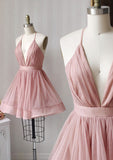 Elegant A-line V Neck Sleeveless Tulle Short Homecoming Dress with Pleated Detail