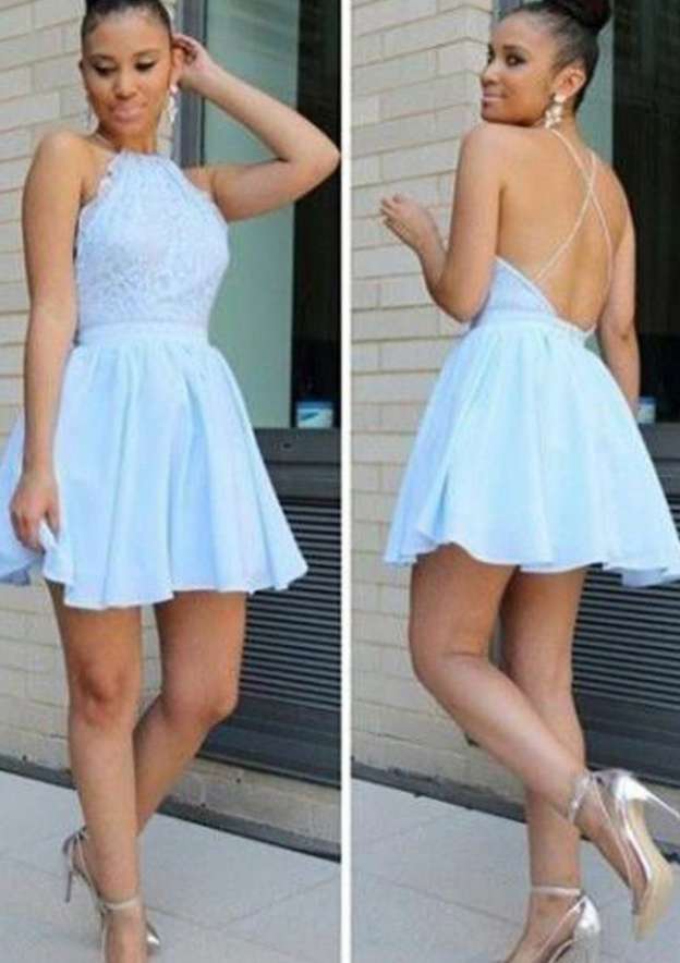 A-Line/Princess Halter Short/Mini Chiffon Cocktail Dress With Lace