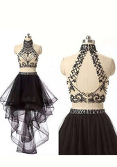 A-Line/Princess High-Neck Asymmetrical Organza Cocktail Dress with Beaded Detail
