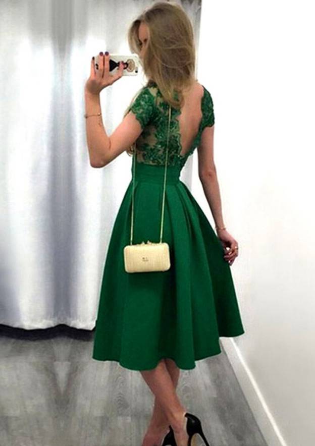 A-Line/Princess Satin Prom Dress With Lace - Tea-Length