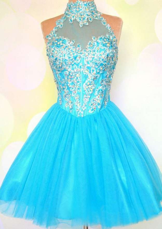 A-line/Princess Short Tulle Prom Dress with Crystal Beading