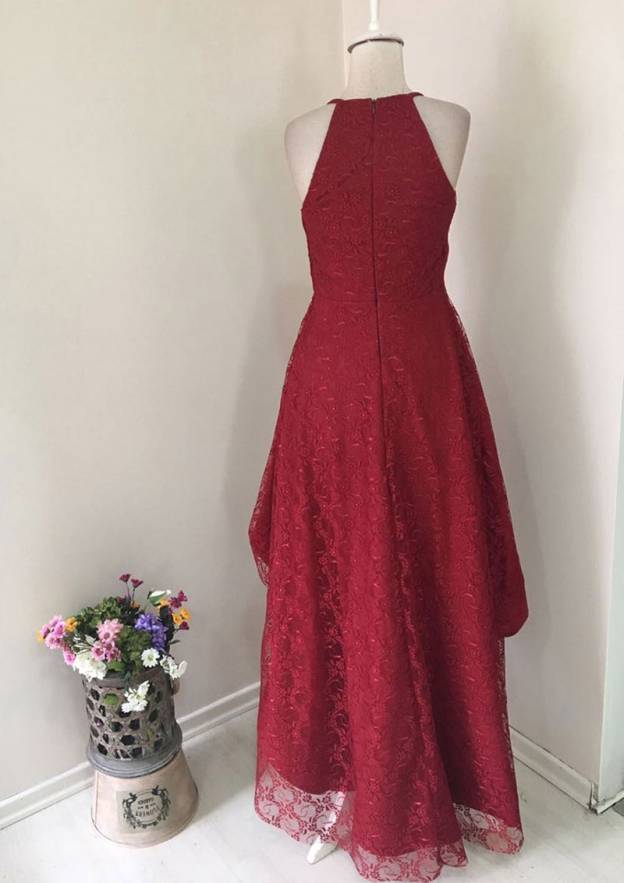 A-Line/Princess Square Neckline Asymmetrical Lace Cocktail Dress With Pleated Look