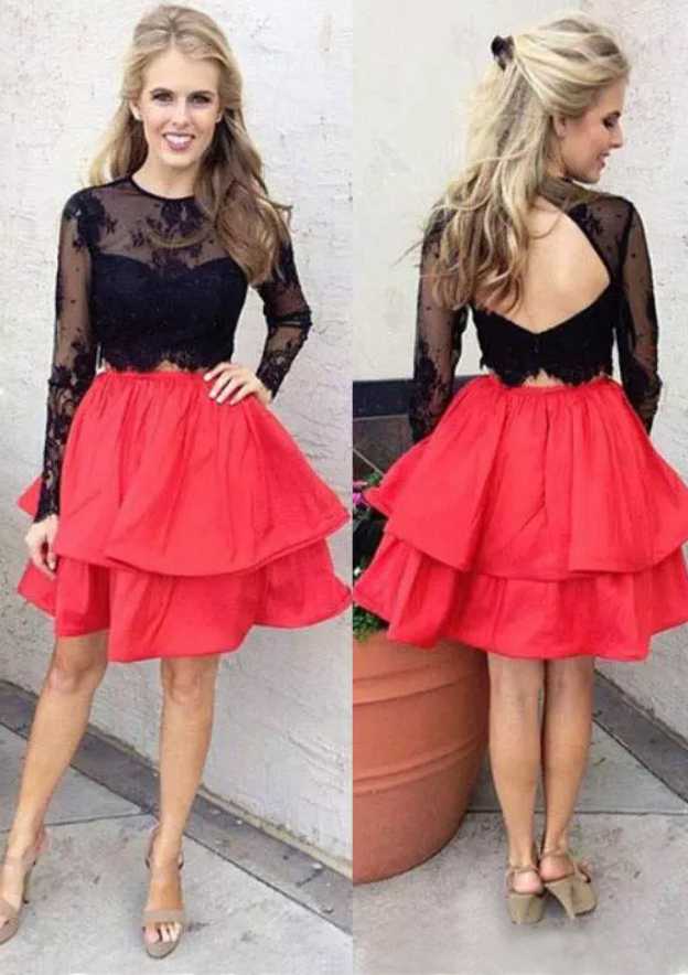 A-Line/Princess Taffeta Cocktail Dress with Lace Knee-Length