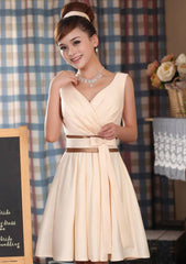 A-Line/Princess V Neck Satin Bridesmaid Dress with Bowknot Pleated Knee-Length