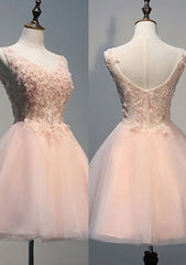 A-Line/Princess V-Neck Sleeveless Short/Mini Tulle Prom Dress with Appliqued Beading