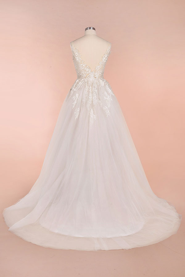 Elegant Appliques A-line V-neck Wedding Dress Straps Sleeveless Tulle Bridal Gowns On Sale