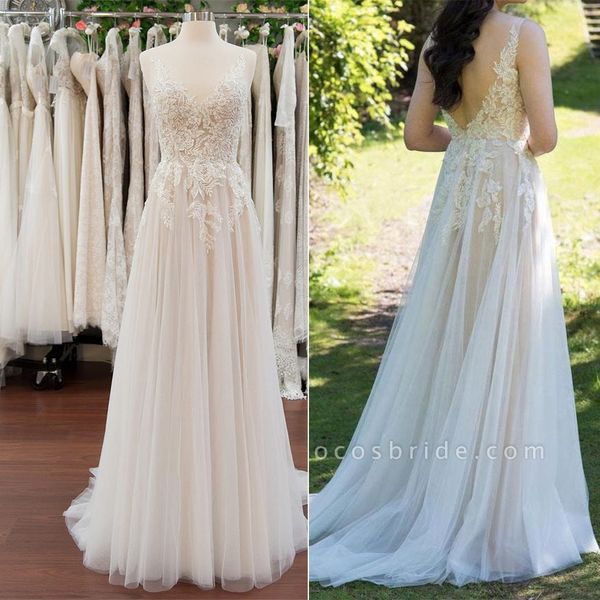 Elegant Appliques A-line V-neck Wedding Dress Straps Sleeveless Tulle Bridal Gowns On Sale