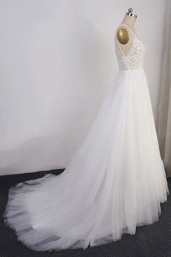 Elegant Appliques Straps Tulle Wedding Dress A-line White V-neck Bridal Gowns On Sale