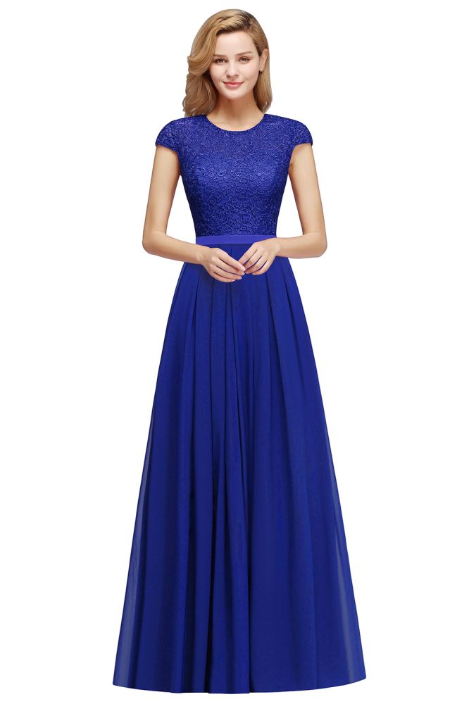 Designer Sleeves Cap Aline Evening Swing Dress Navy Blue Long Dress