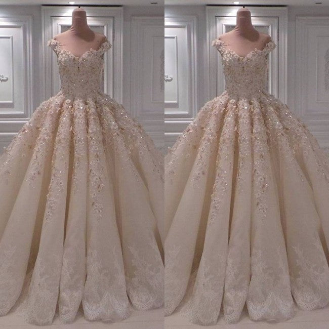 Elegant Chamgne Off-the-shoulder A-line Wedding Dresses Sequins Lace Bridal Gowns With Appliques Online