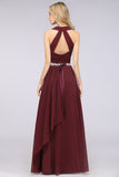 Elegant Chiffon Halter V-Neck Ruffle Bridesmaid Dress with Appliques Sashes