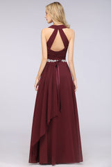 Elegant Chiffon Halter V-Neck Ruffle Bridesmaid Dress with Appliques Sashes