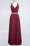 Elegant Chiffon Halter V-Neck Ruffle Bridesmaid Dress with Appliques Sashes