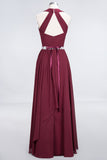 Elegant Chiffon Halter V-Neck Ruffle Bridesmaid Dress with Appliques Sashes
