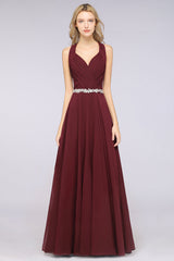 Elegant Chiffon Halter V-Neck Ruffle Bridesmaid Dress with Appliques Sashes
