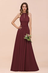 Elegant Chiffon Jewel Ruffle Champagne Affordable Bridesmaid Dress Online