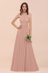 Elegant Chiffon Jewel Ruffle Champagne Affordable Bridesmaid Dress Online