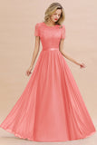 Elegant Chiffon Lace Jewel Short-Sleeves Affordable Bridesmaid Dress
