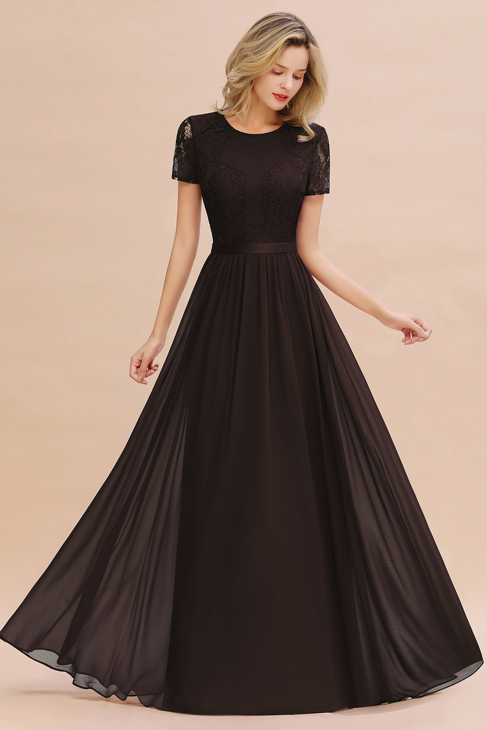 Elegant Chiffon Lace Jewel Short-Sleeves Affordable Bridesmaid Dress