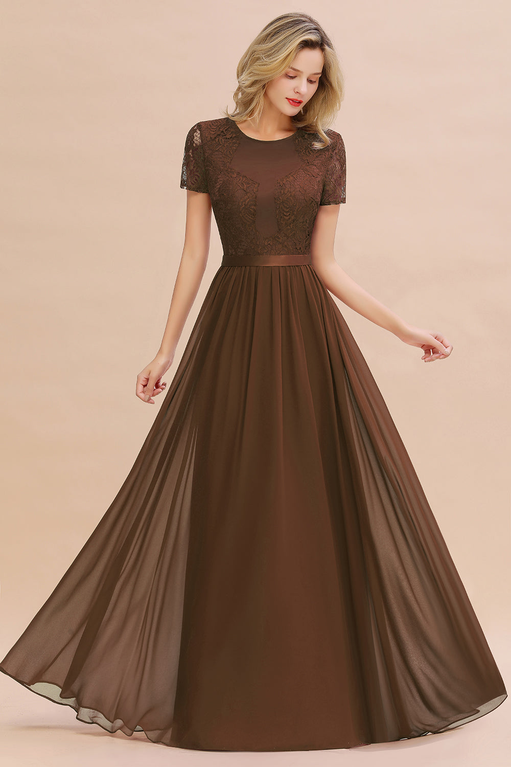 Elegant Chiffon Lace Jewel Short-Sleeves Affordable Bridesmaid Dress