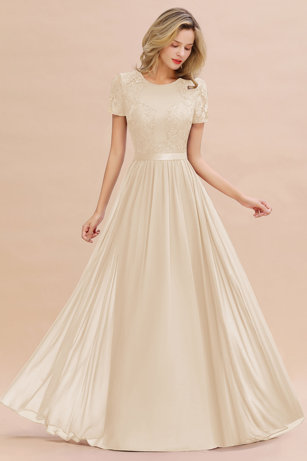 Elegant Chiffon Lace Jewel Short-Sleeves Affordable Bridesmaid Dress