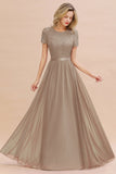 Elegant Chiffon Lace Jewel Short-Sleeves Affordable Bridesmaid Dress