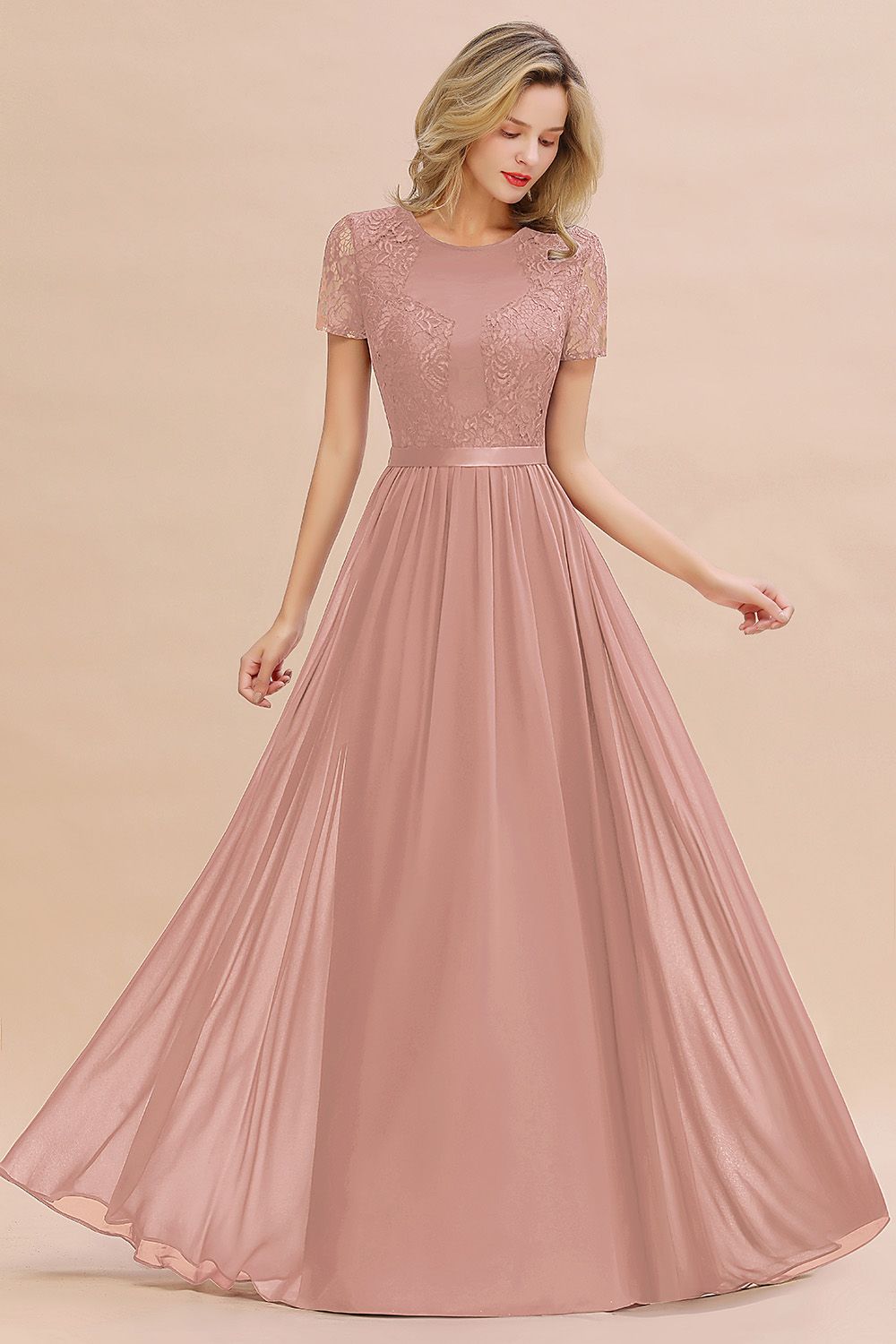 Elegant Chiffon Lace Jewel Short-Sleeves Affordable Bridesmaid Dress