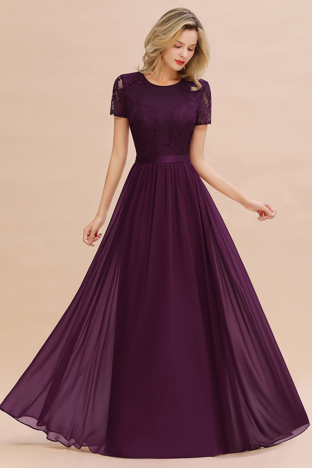 Elegant Chiffon Lace Jewel Short-Sleeves Affordable Bridesmaid Dress