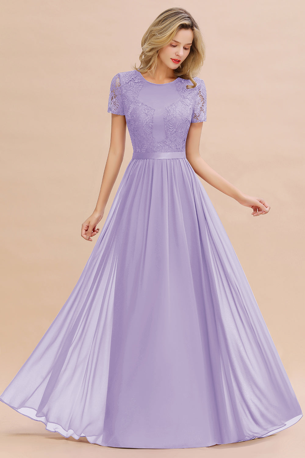 Elegant Chiffon Lace Jewel Short-Sleeves Affordable Bridesmaid Dress