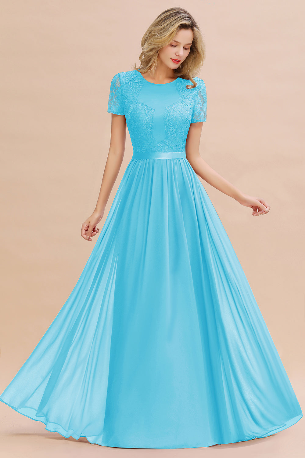 Elegant Chiffon Lace Jewel Short-Sleeves Affordable Bridesmaid Dress