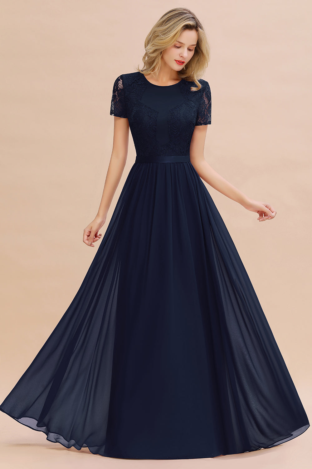 Elegant Chiffon Lace Jewel Short-Sleeves Affordable Bridesmaid Dress