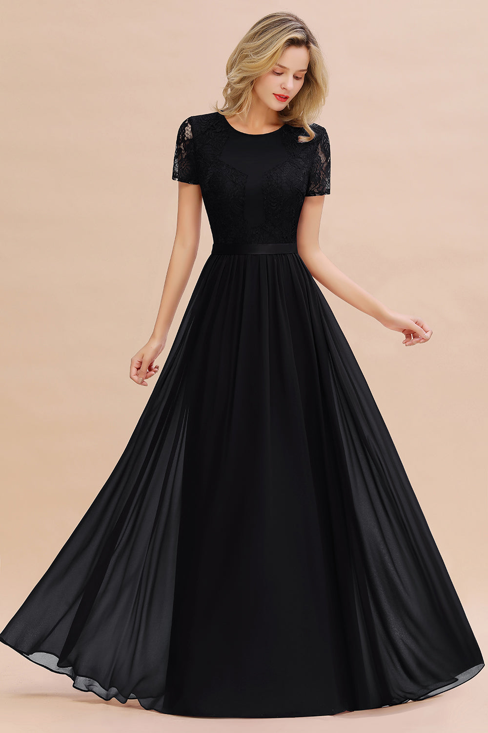 Elegant Chiffon Lace Jewel Short-Sleeves Affordable Bridesmaid Dress