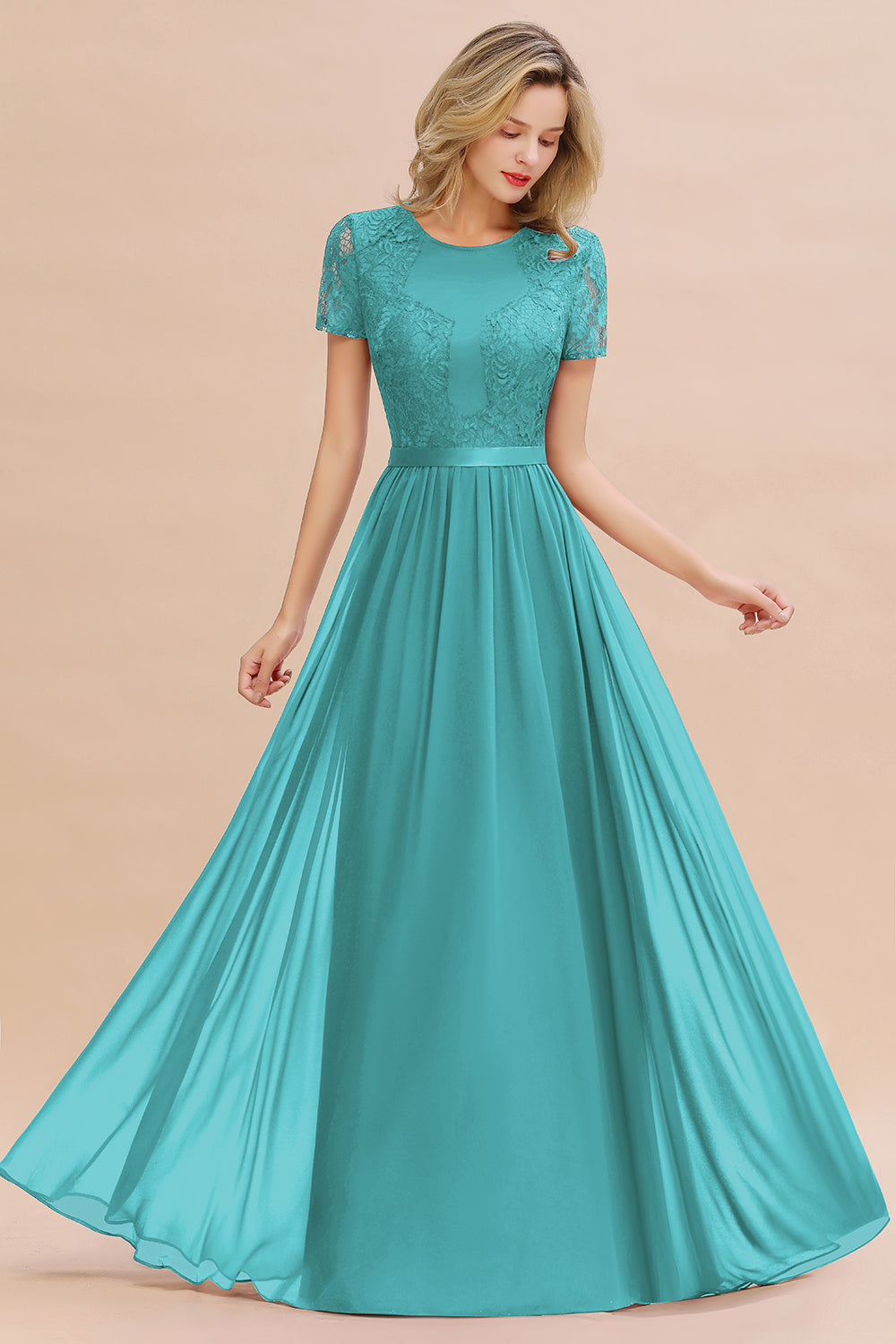 Elegant Chiffon Lace Jewel Short-Sleeves Affordable Bridesmaid Dress