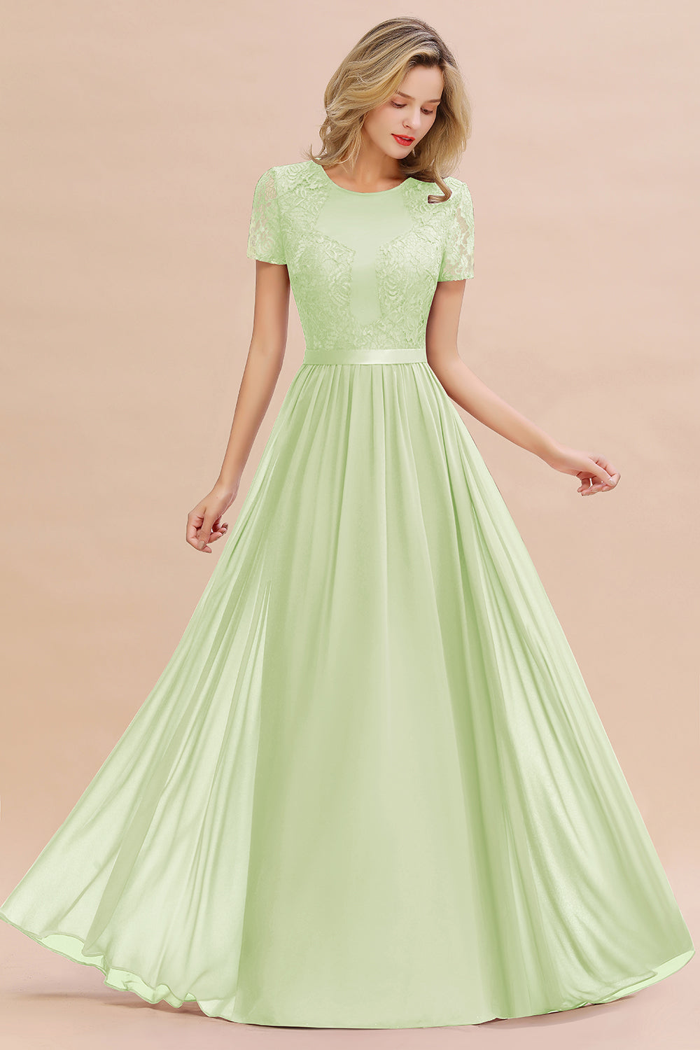 Elegant Chiffon Lace Jewel Short-Sleeves Affordable Bridesmaid Dress