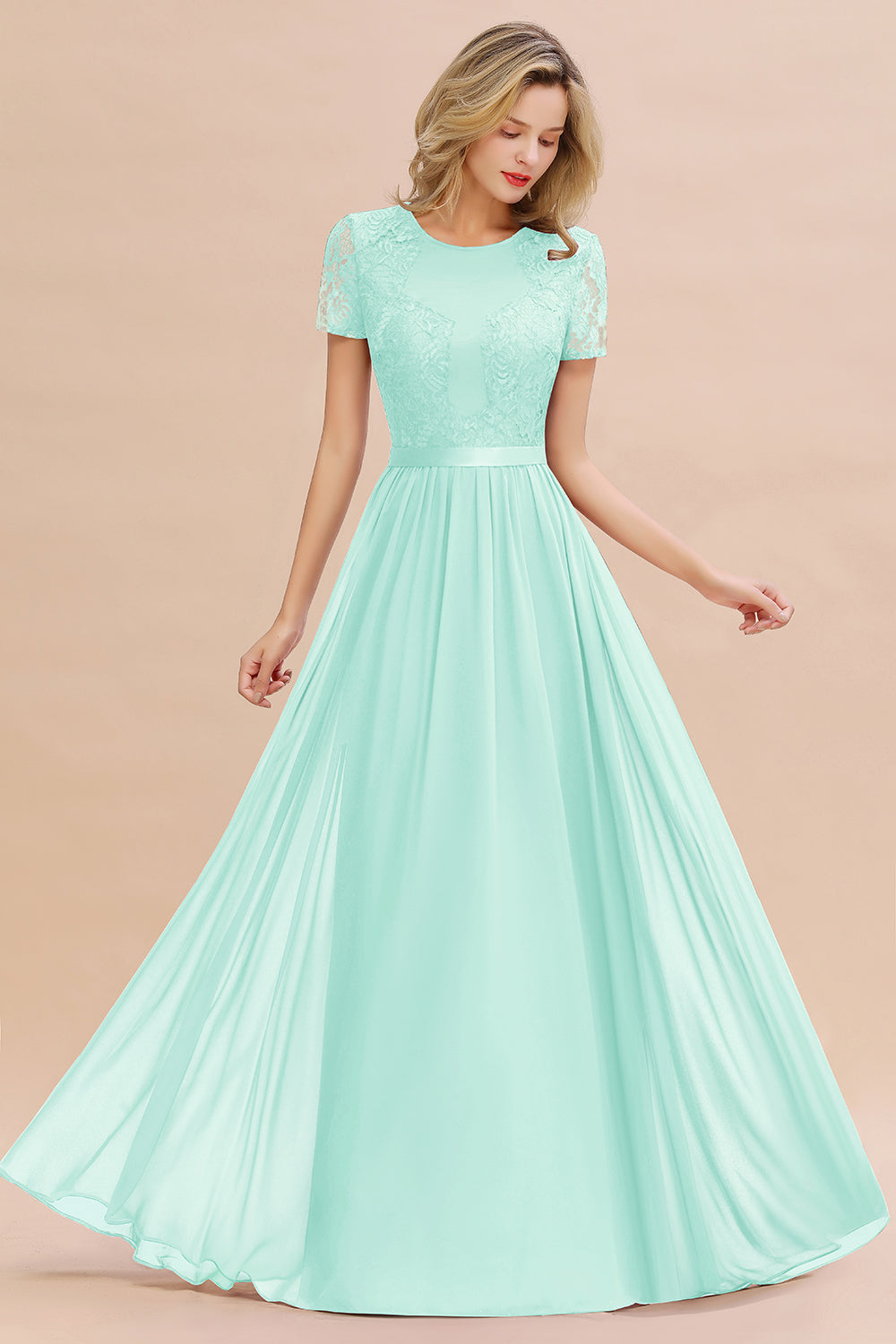 Elegant Chiffon Lace Jewel Short-Sleeves Affordable Bridesmaid Dress