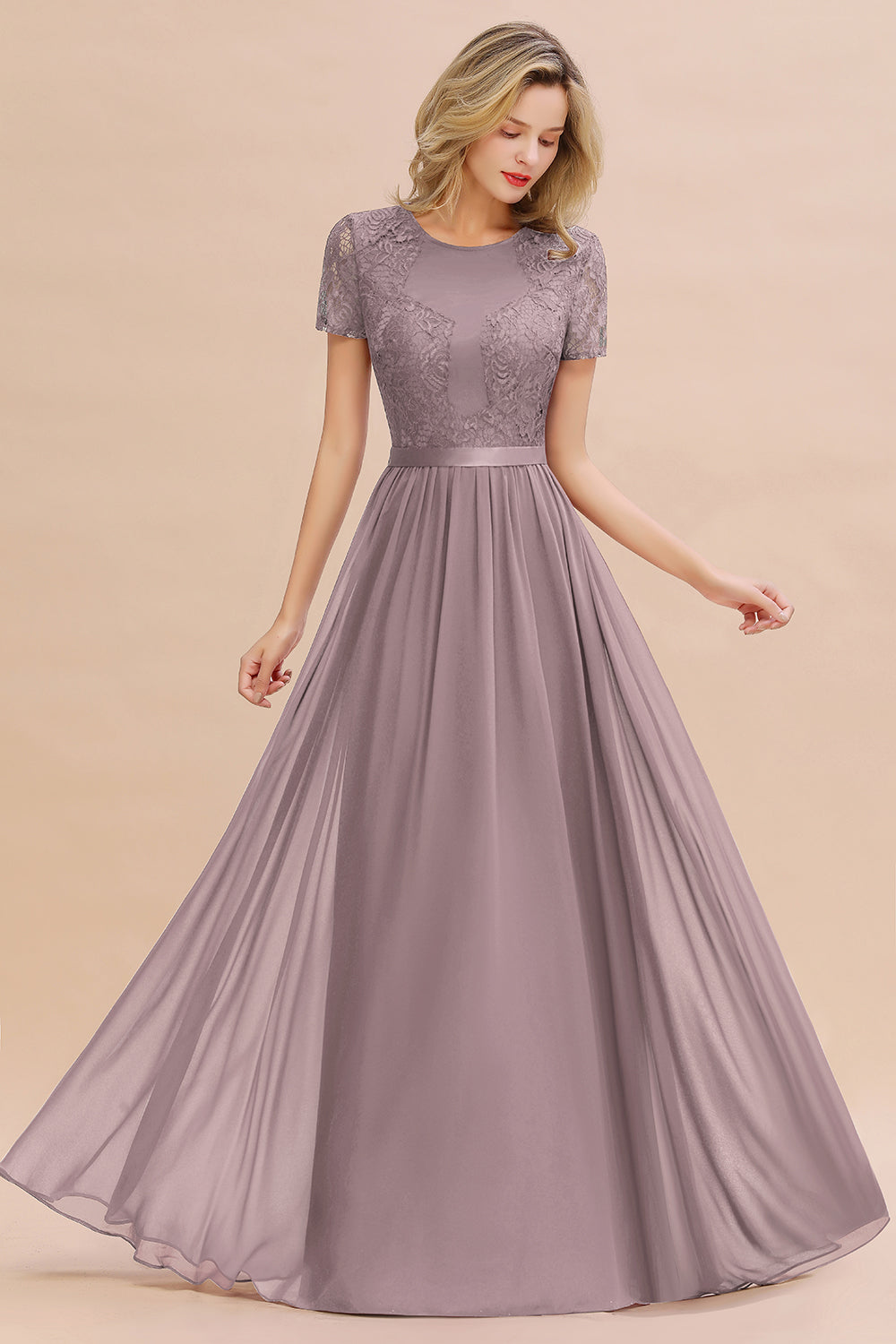 Elegant Chiffon Lace Jewel Short-Sleeves Affordable Bridesmaid Dress