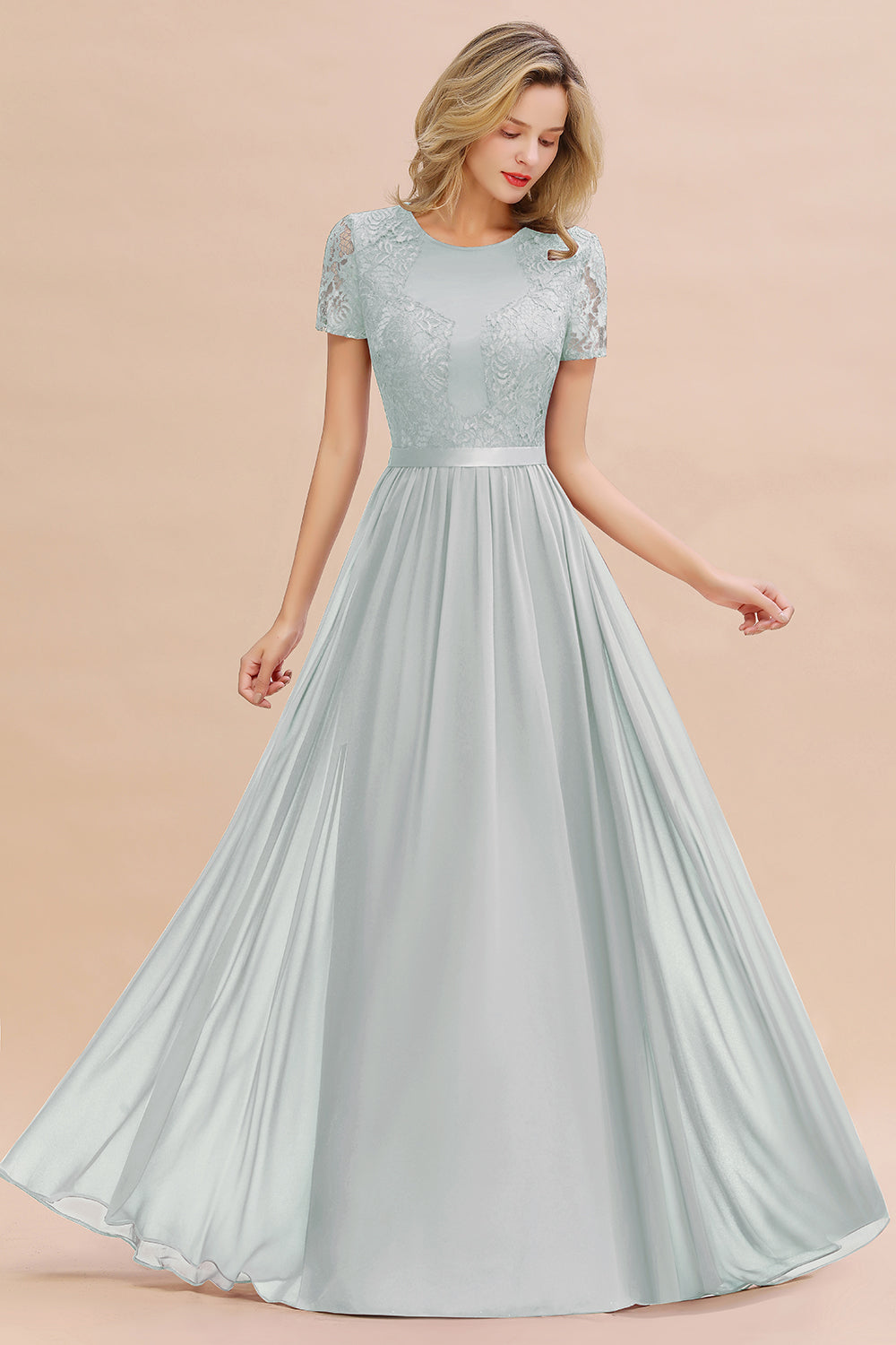 Elegant Chiffon Lace Jewel Short-Sleeves Affordable Bridesmaid Dress