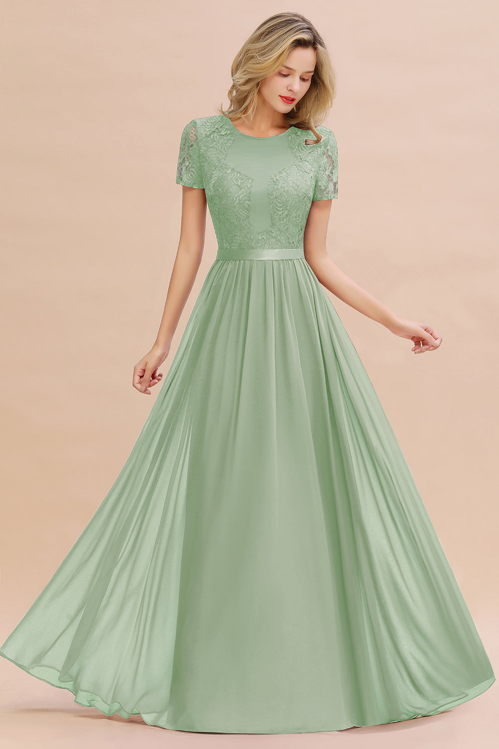 Elegant Chiffon Lace Jewel Short-Sleeves Affordable Bridesmaid Dress