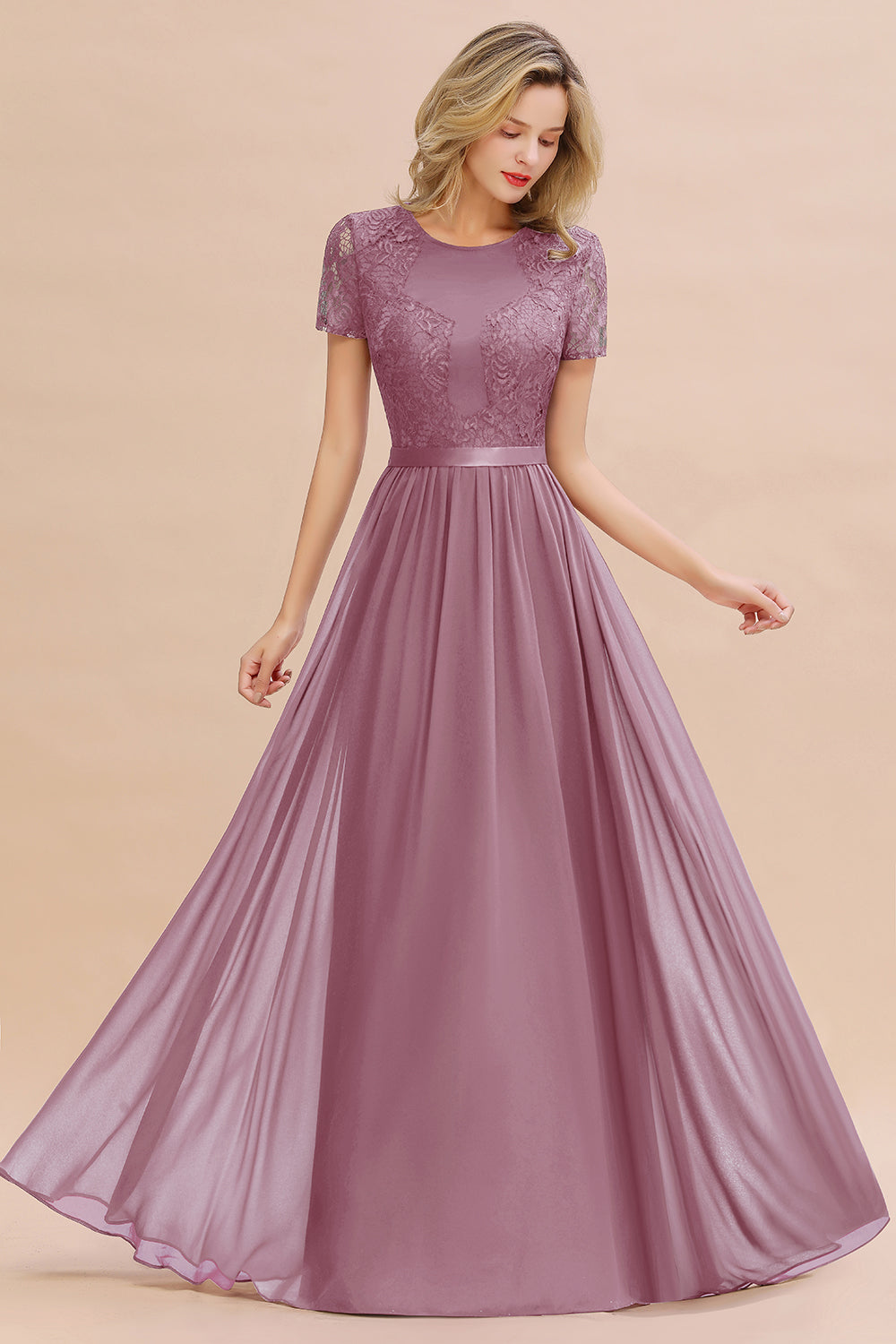 Elegant Chiffon Lace Jewel Short-Sleeves Affordable Bridesmaid Dress