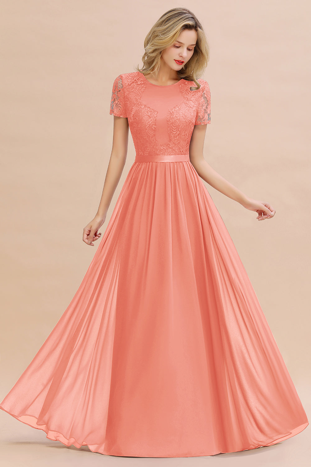 Elegant Chiffon Lace Jewel Short-Sleeves Affordable Bridesmaid Dress