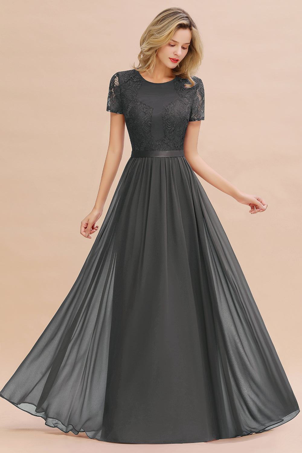 Elegant Chiffon Lace Jewel Short-Sleeves Affordable Bridesmaid Dress