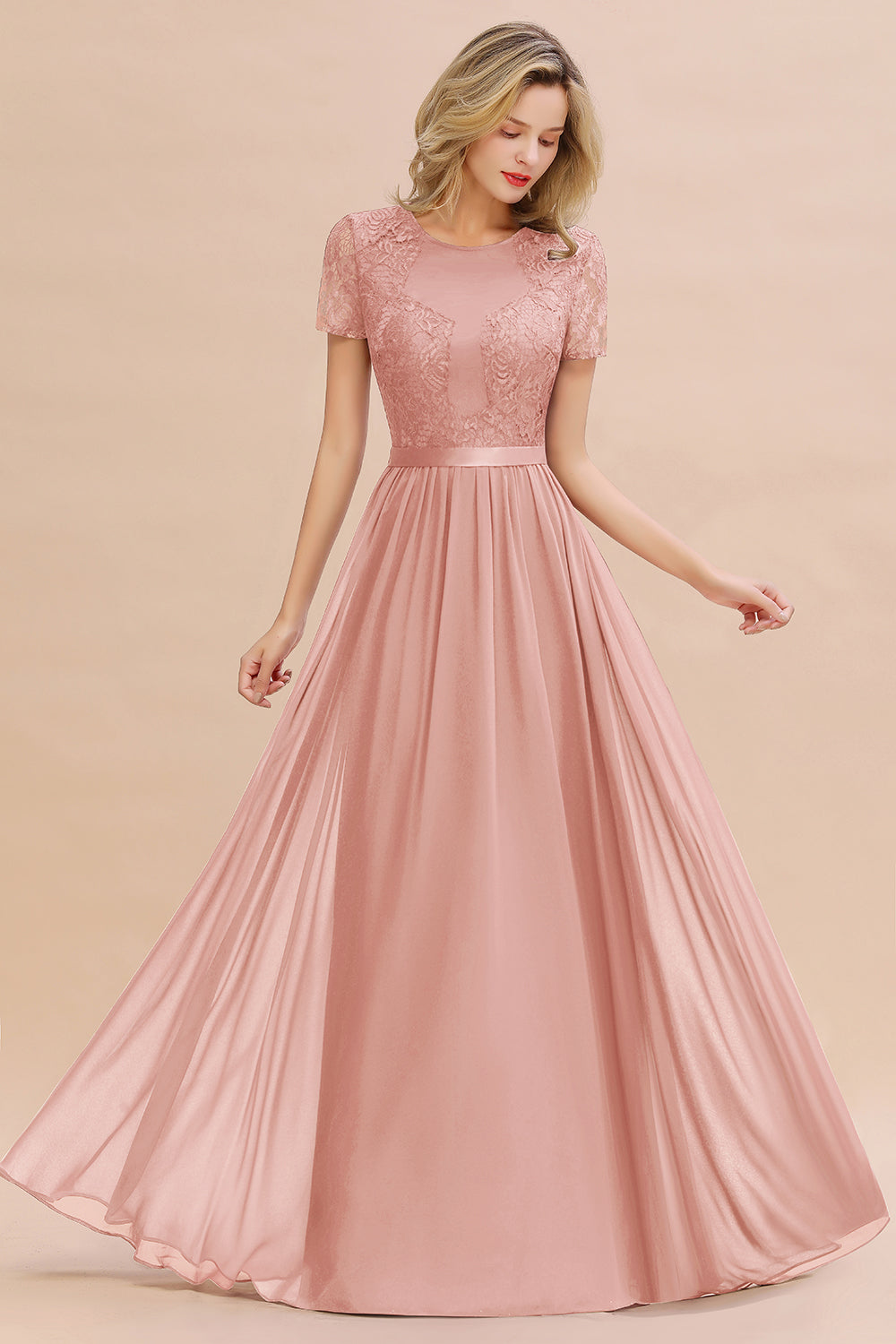 Elegant Chiffon Lace Jewel Short-Sleeves Affordable Bridesmaid Dress